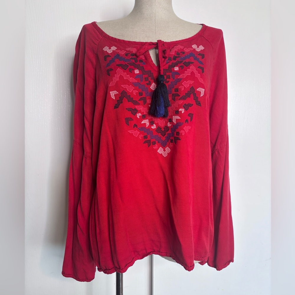 Ariat XXL Red Embroidered Boho Peasant Blouse Tassel Tunic Top